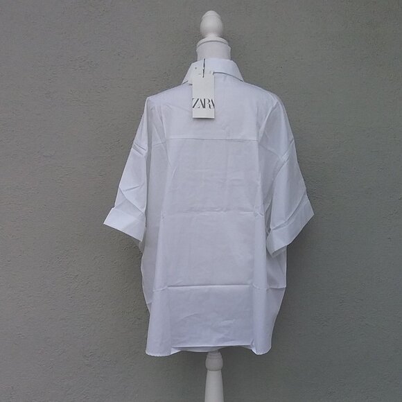 Zara Women's Top Lagenlook White Short Sleeve Cotton Med NEW 2 front pockets - Picture 6 of 7